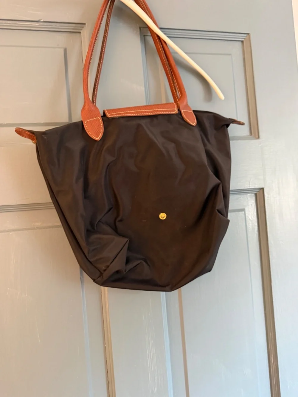 Longchamp Le Pliage Black Nylon Brown Leather Shoulder Tote Bag